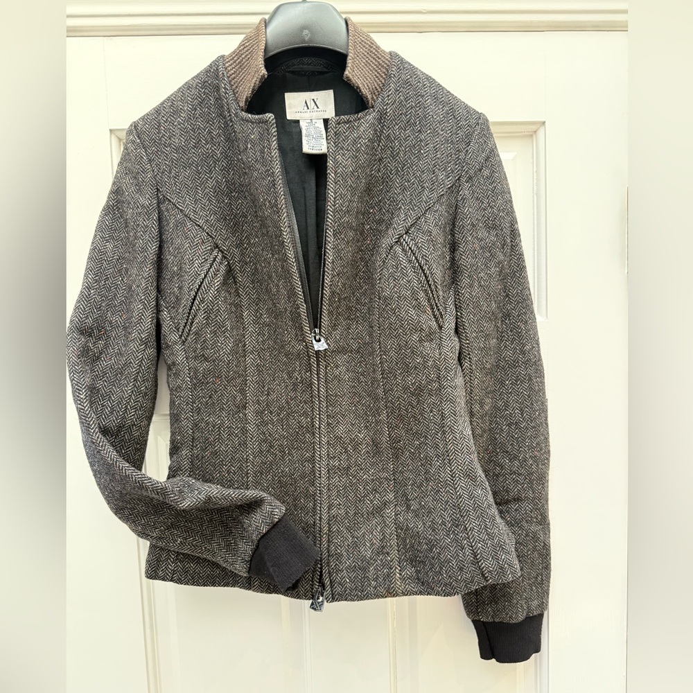 Armani Exchange Women Herringbone Bomber Jacket Gray Brown w removable Zip Vest